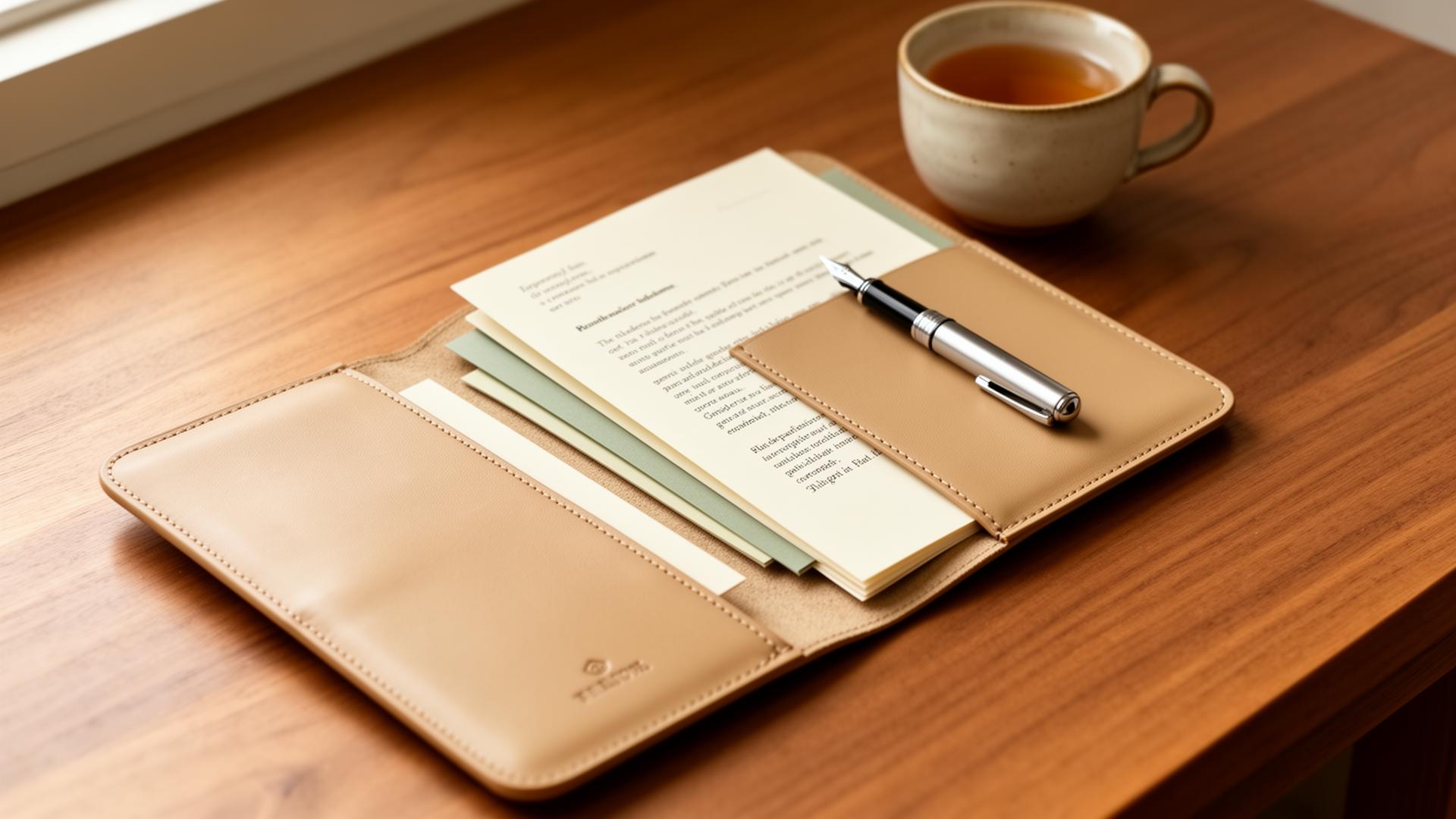 Organized portfolio and notes on a desk